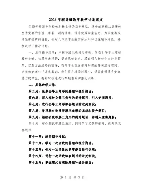 2024年辅导班数学教学计划范文（二篇）