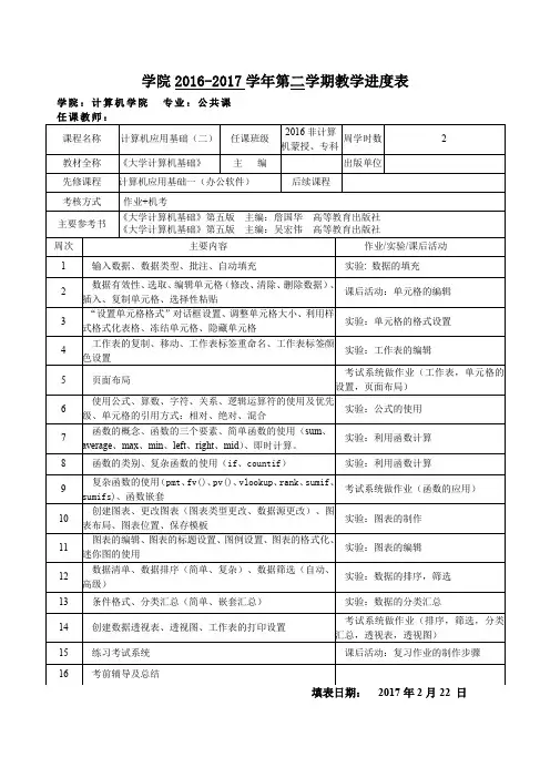 《大学计算机基础Ⅱ》Excel部分--教学进度表