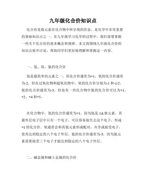 九年级化合价知识点
