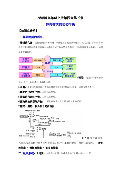 2022-2023学年浙江九年级上学期科学同步练习3-5体内物质的动态平衡(讲义)(解析版)
