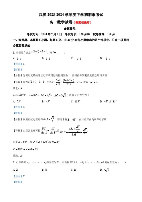 湖北省武汉2023-2024学年高一下学期期末考试数学试卷含答案
