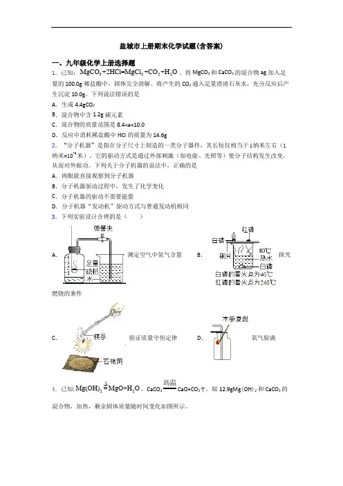 盐城市初三化学上册期末化学试题(含答案)
