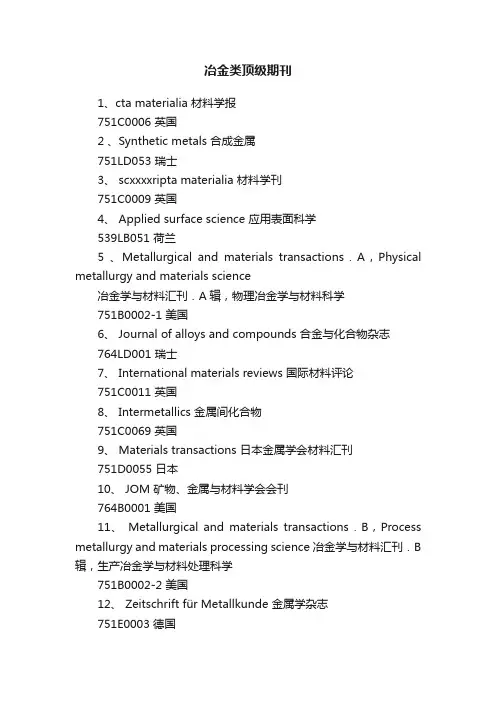 冶金类顶级期刊