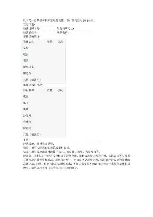 茶楼,棋牌室,经营设施,经营器材情况登记表