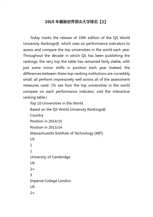 2015年最新世界顶尖大学排名【2】