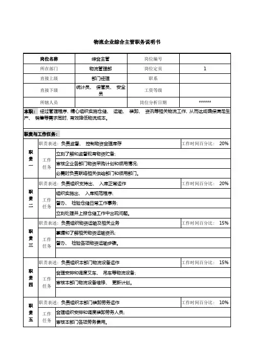 物流企业综合主管职务说明书