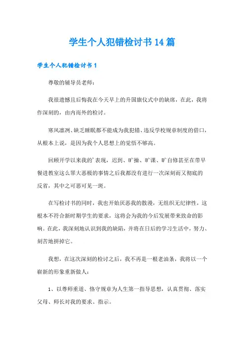 学生个人犯错检讨书14篇