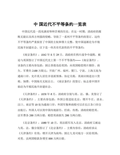 中 国近代不平等条约一览表