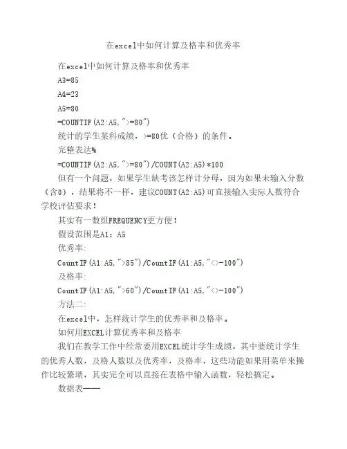 在excel中如何计算及格率和优秀率及统计各分数段人数