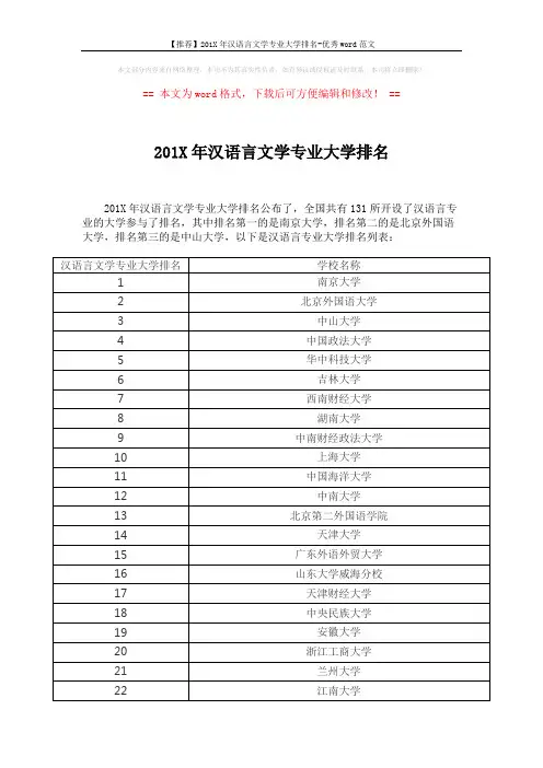 【推荐】201X年汉语言文学专业大学排名-优秀word范文 (4页)