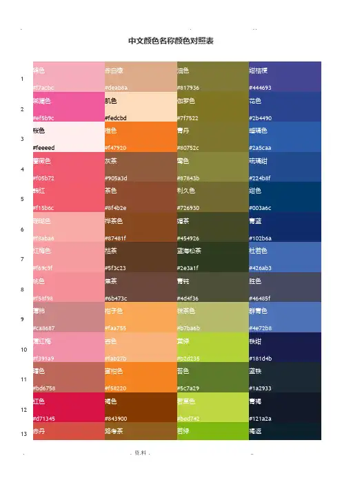 中文颜色名称颜色对照表