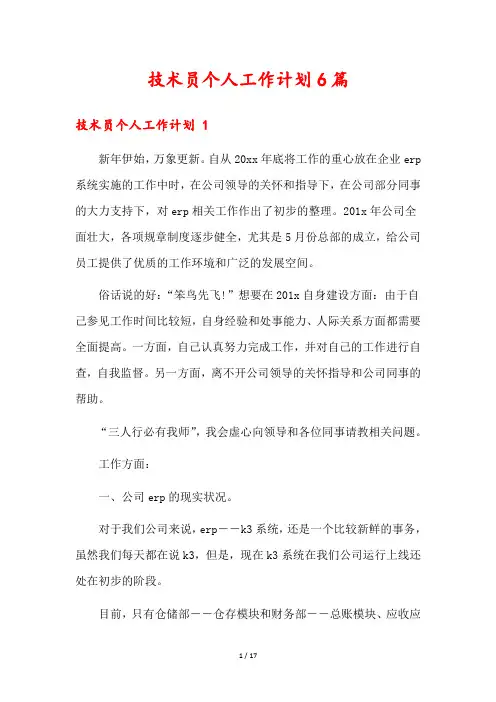 技术员个人工作计划6篇