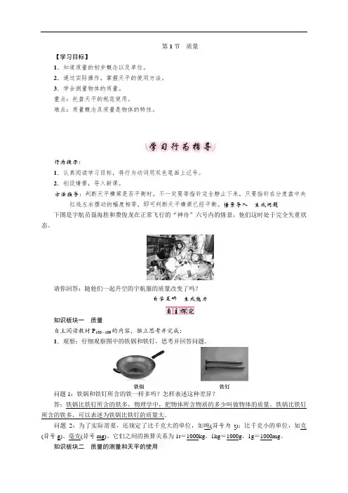 人教版八年级物理上册导学案：6.1 质量 学案