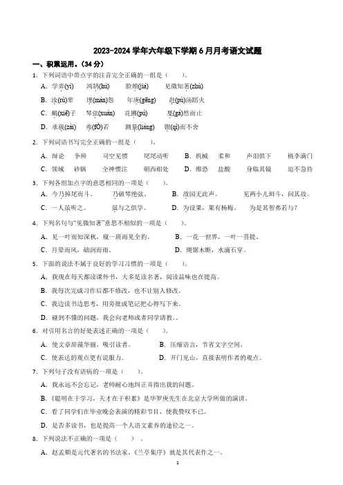 六年级下学期6月月考语文试题(原卷+答案与解释)2023-2024学年第二学期 部编版