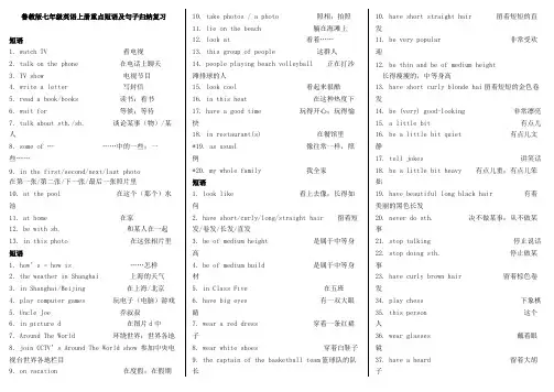 鲁教版七年级英语上册重点短语及句子