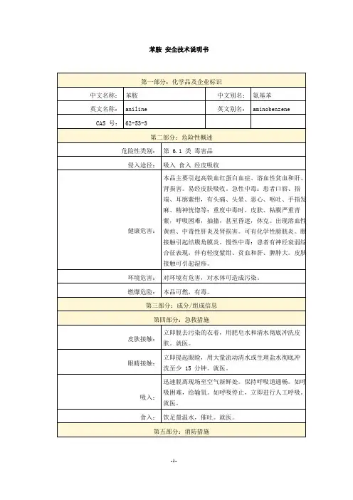 苯胺 安全技术说明书