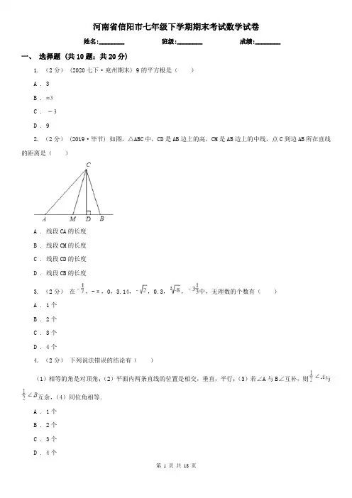 河南省信阳市七年级下学期期末考试数学试卷    