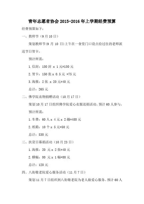 云南工程职业学院青年志愿者协会2015—2016年经费预算