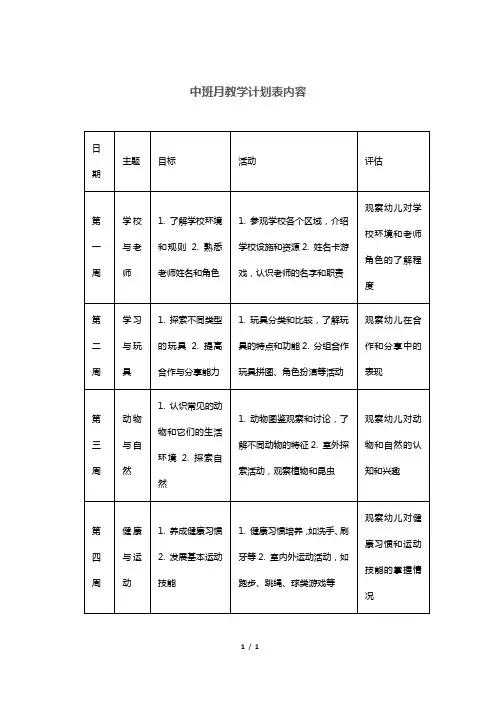 中班月教学计划表内容