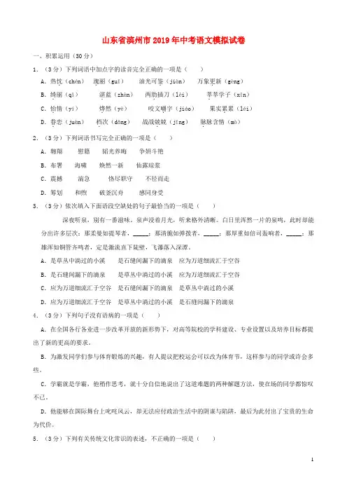 山东省滨州市2019年中考语文模拟试卷(含答案)
