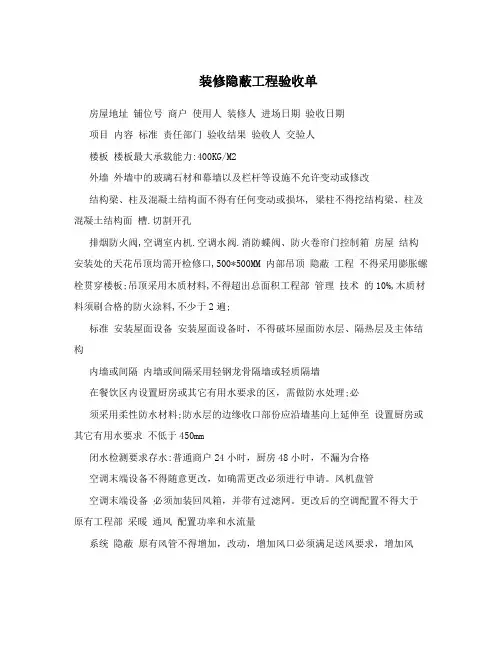 装修隐蔽工程验收单