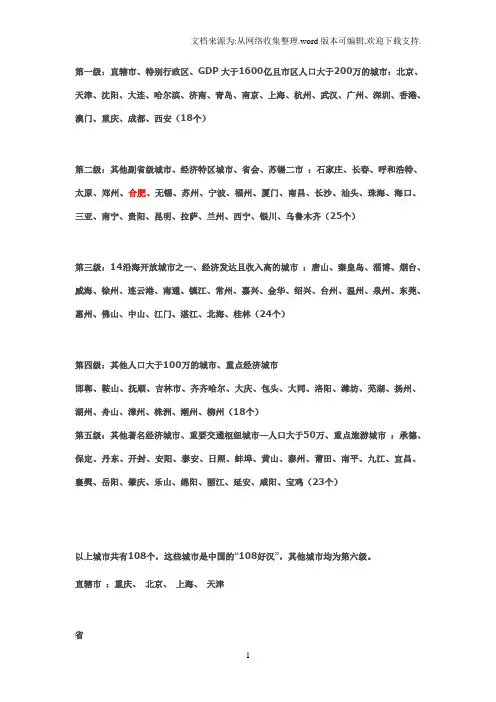 一级城市、二级城市、三级城市列表