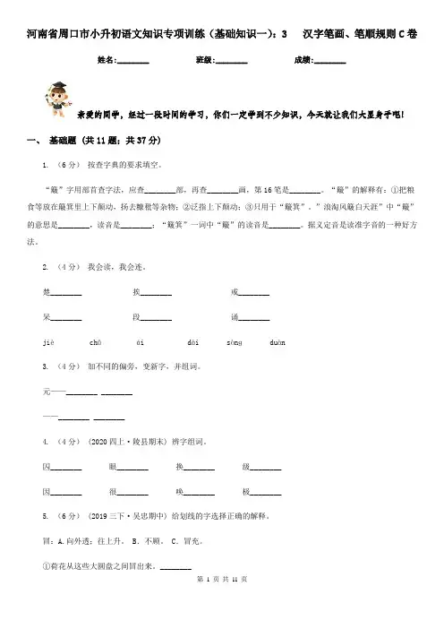 河南省周口市小升初语文知识专项训练(基础知识一)：3   汉字笔画、笔顺规则C卷