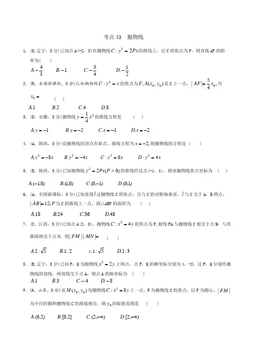 2016年高考数学(文)五年真题 考点分类汇编：考点43 抛物线