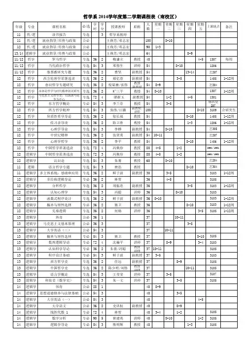 中山大学哲学系本科生2014学年课程表(含夏、秋季学期)