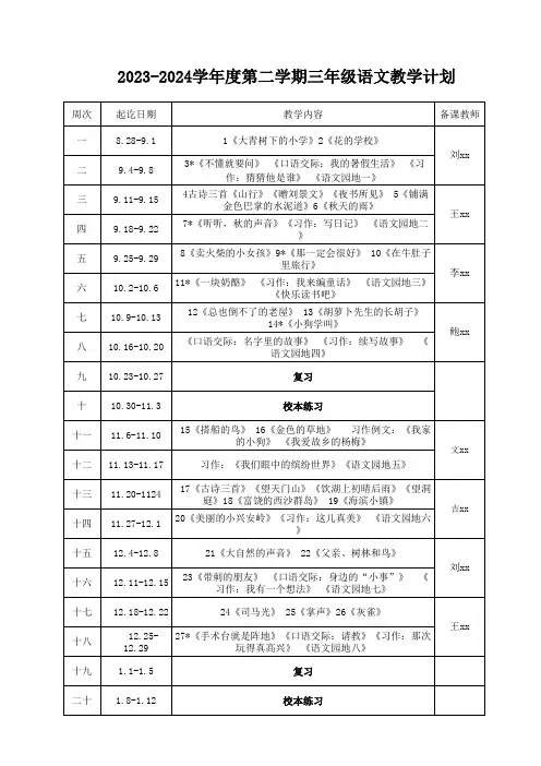 人教部编版三年级语文上册集体备课分配表
