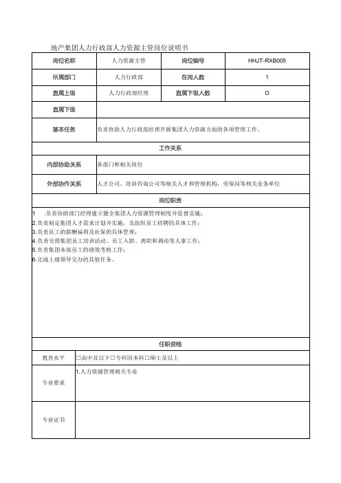 地产集团人力行政部人力资源主管岗位说明书