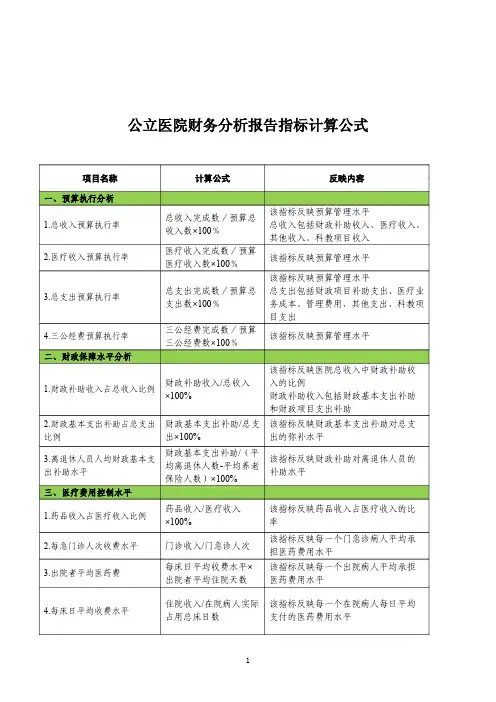 公立医院财务分析报告指标计算公式(2020年版)