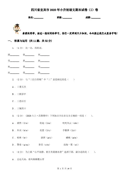四川省宜宾市2020年小升初语文期末试卷(I)卷(模拟)