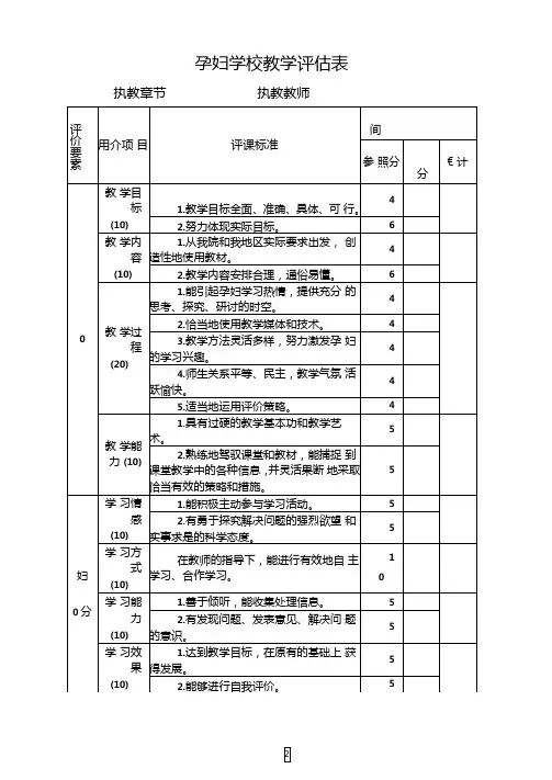 孕妇学校教学评价表