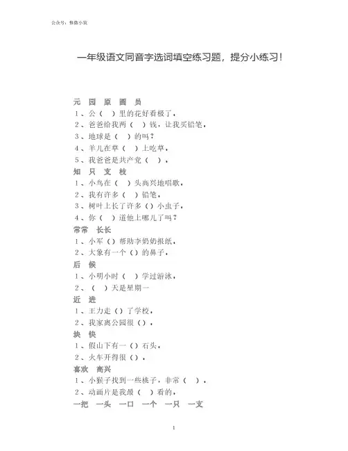 一年级语文同音字选词填空练习题,提分小练习!