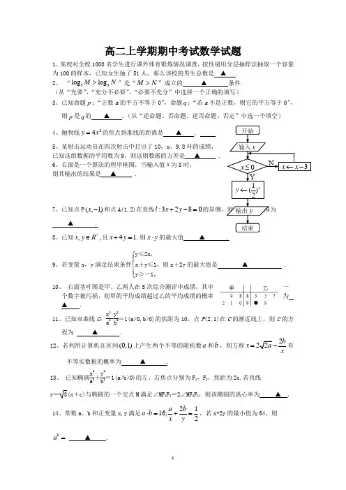 2013-2014学年高二上学期期中考试数学试题