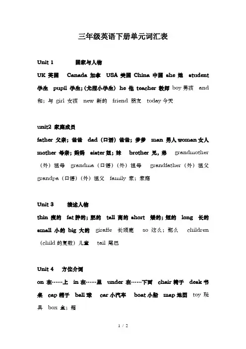 新人教版三年级英语下册单元词汇表