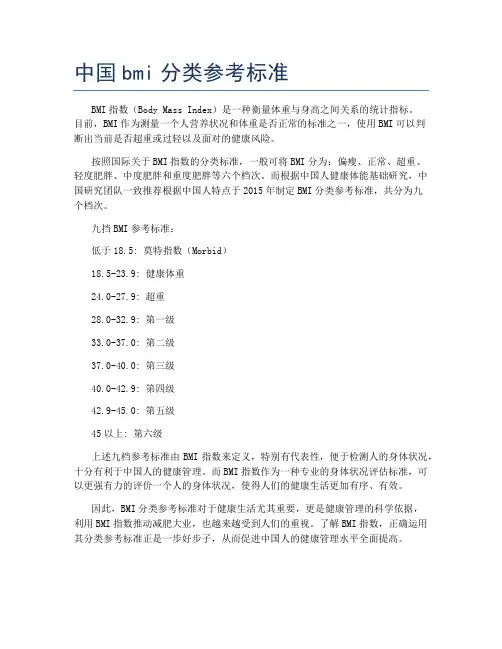 中国bmi分类参考标准