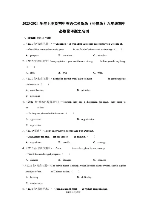 2023-2024学年上学期初中英语仁爱新版(科普版)九年级期中必刷常考题之名词