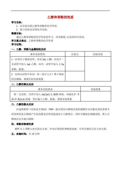 高中化学 2.2 乙醇和苯酚的性质学案1 苏教版选修6