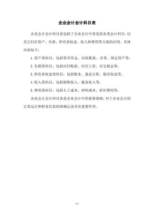 企业会计会计科目表