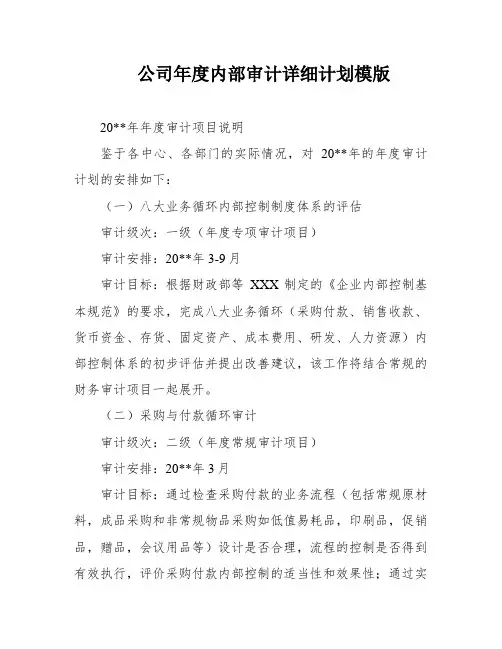 公司年度内部审计详细计划模版