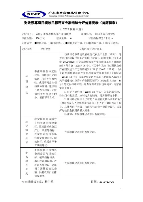 财政预算项目绩效目标评审专家组综合评价意见表首席初审