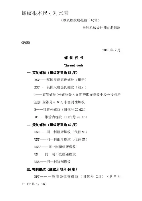 螺纹基本尺寸对照表