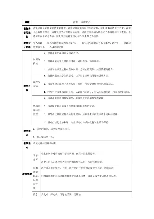 高中物理_动能和动能定理教学设计学情分析教材分析课后反思