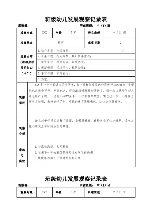 幼儿园班级幼儿观察记录表 (2)