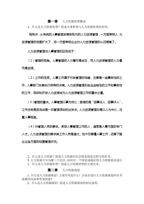人力资源课程复习提纲