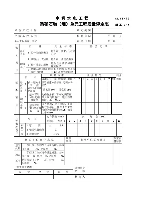 水利水电工程浆砌石墩(墙)单元工程质量评定表