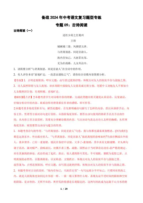 专题09：古诗阅读 备战2024年中考语文复习题型专练  解析版(湖北专用)