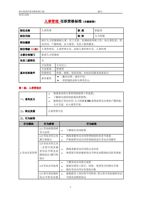 HR任职资格分级标准(人事管理)